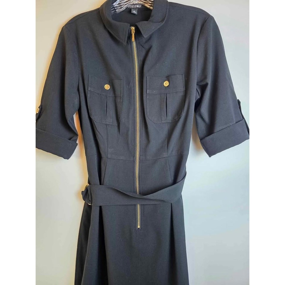 Roz & Ali Womens Black Zip Front Utility Belted Midi Dress Size 6 Gold Hardware - Picture 2 of 9